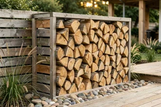 Rangement de bûches intégré dans une clôture de jardin moderne en bois naturel vieilli, entouré de graminées ornementales et galets de rivière