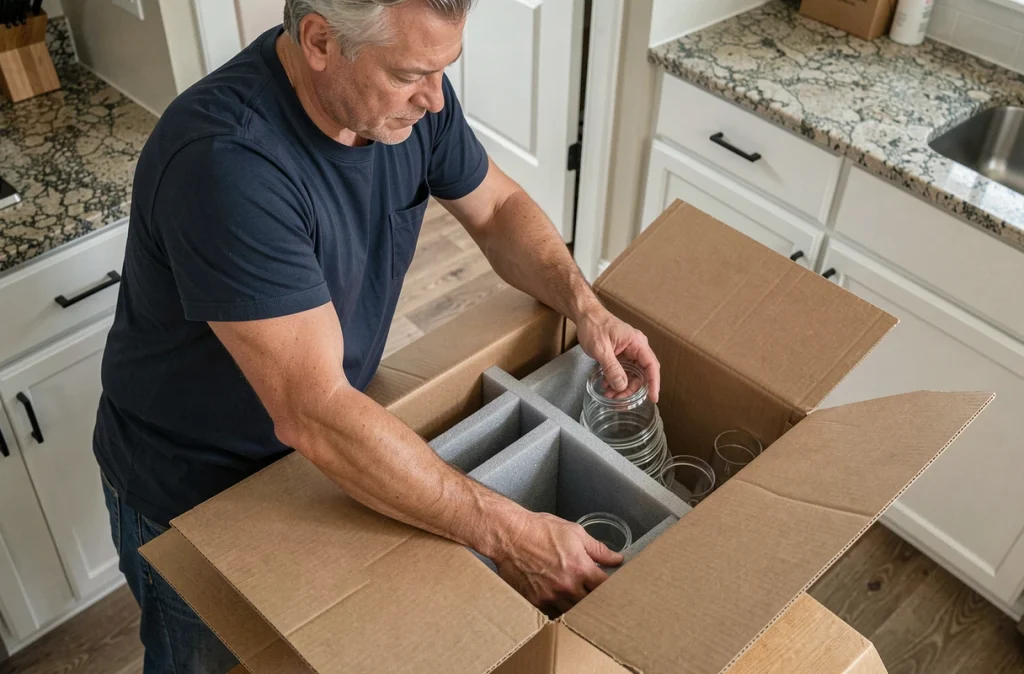 Homme rangeant des verres fragiles dans un carton de déménagement avec des protections en mousse