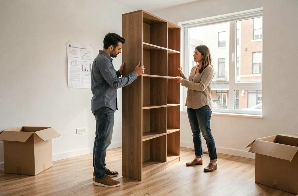 Deux personnes remontant ensemble une grande bibliothèque dans un appartement vide lors d'une installation après déménagement
