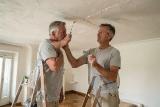 Homme appliquant un enduit de réparation sur une fissure au plafond avec une spatule, sans poussière ni gros travaux