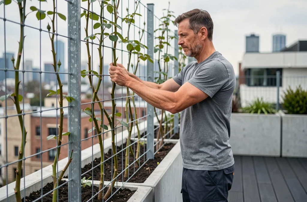 Homme fixant des rosiers grimpants sur un système de fils tendus pour créer une clôture végétale sur terrasse urbaine