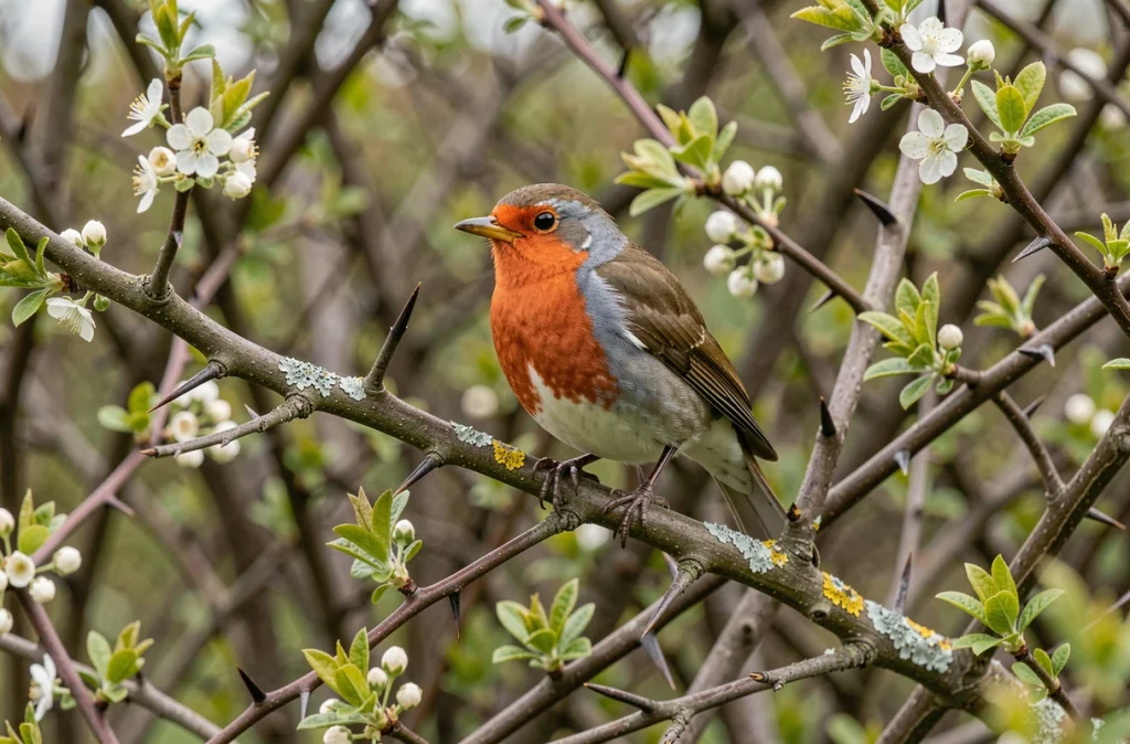 Rouge-gorge posé sur une branche d'épine noire dans une haie champêtre en fleurs au printemps, symbole de la biodiversité animale