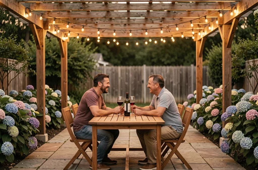 Couple profitant d'une soirée en terrasse sous une pergola décorée de guirlandes lumineuses dans un jardin français