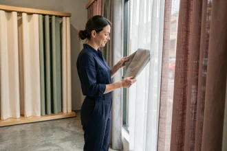Spécialiste du rideau présentant des échantillons de voilages et rideaux coordonnés dans une boutique de décoration intérieure