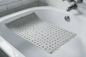 Tapis antidérapant en caoutchouc avec ventouses dans une baignoire lisse blanche, gros plan sur la texture et les ventouses