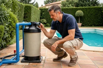 Technicien inspectant un système de filtration à sable pour piscine résidentielle dans un jardin ensoleillé