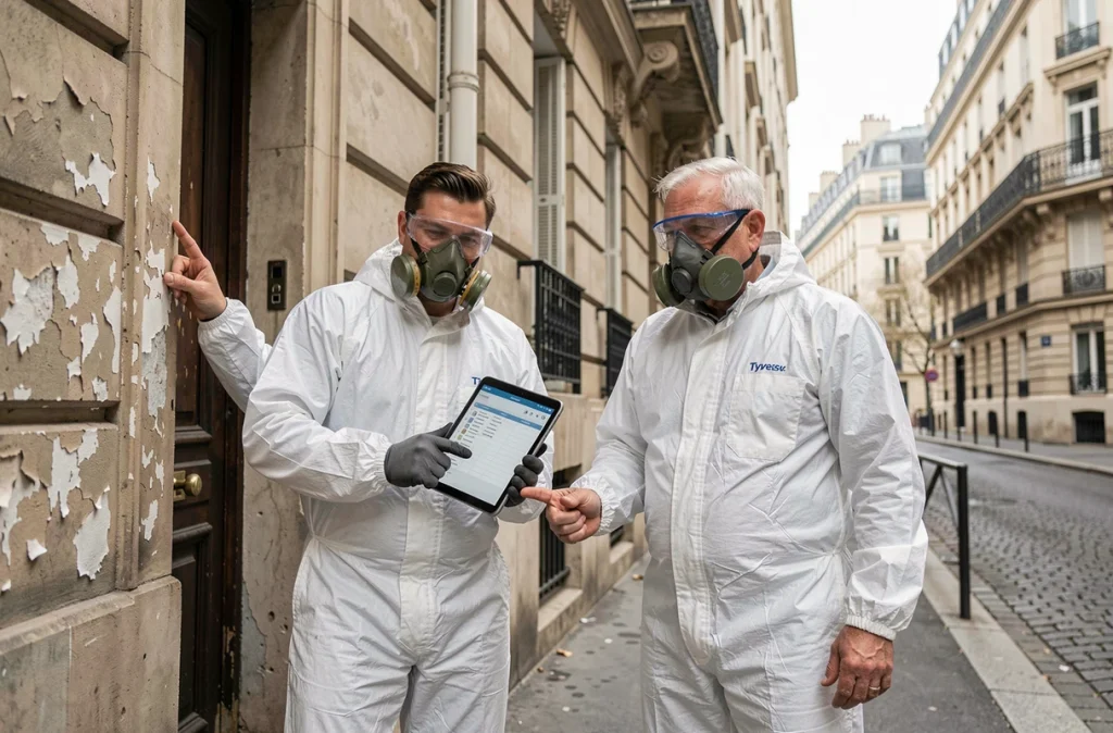 Deux techniciens en combinaison de protection inspectant la façade d'un immeuble avant travaux sur matériaux traités HU