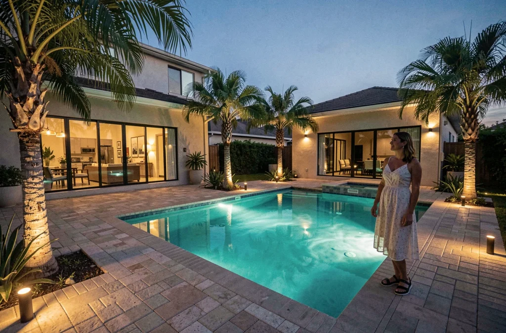 Terrasse de piscine privée avec éclairage extérieur complet incluant spots de chemin, éclairages d'arbres et projecteur subaquatique au crépuscule