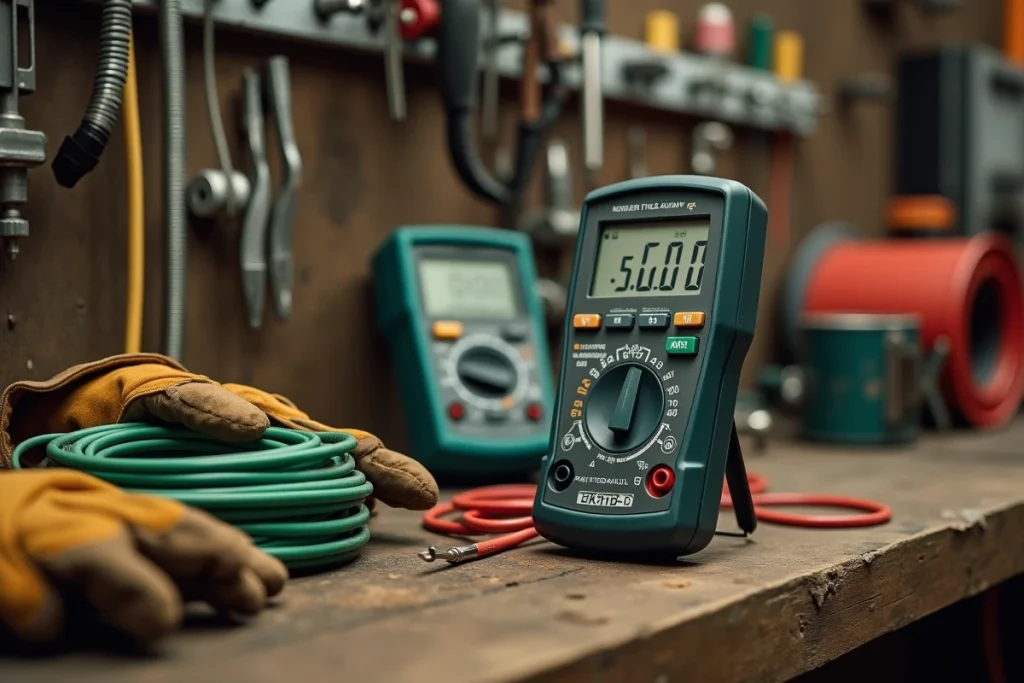 Testeur de continuité de terre professionnel posé sur un établi d'atelier électrique avec câble vert-jaune et multimètre