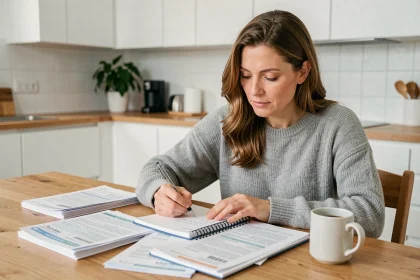 Femme organisant ses contrats et abonnements à transférer avant un déménagement, assise à une table de cuisine avec des documents et un agenda papier