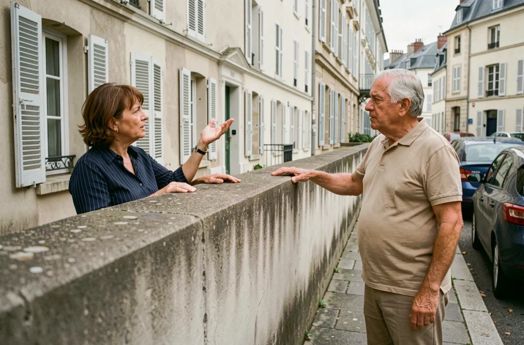 Deux voisins discutant d'un désaccord sur la hauteur d'un mur mitoyen en milieu urbain
