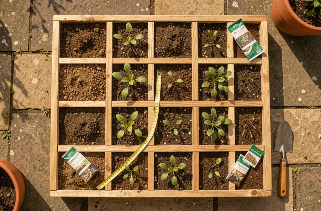 Vue aérienne d'un potager en carré divisé en seize cases avec semis, compost et outils de jardinage