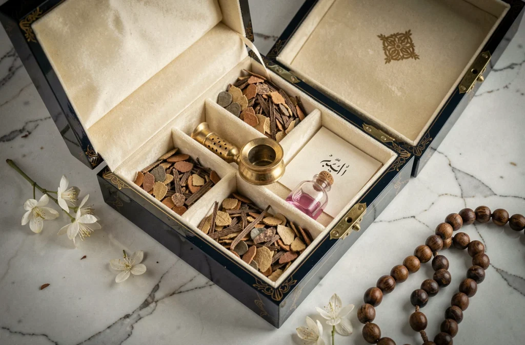 Vue plongeante d'un coffret luxe d'encens arabe ouvert avec bakhoor et brûleur laiton sur marbre