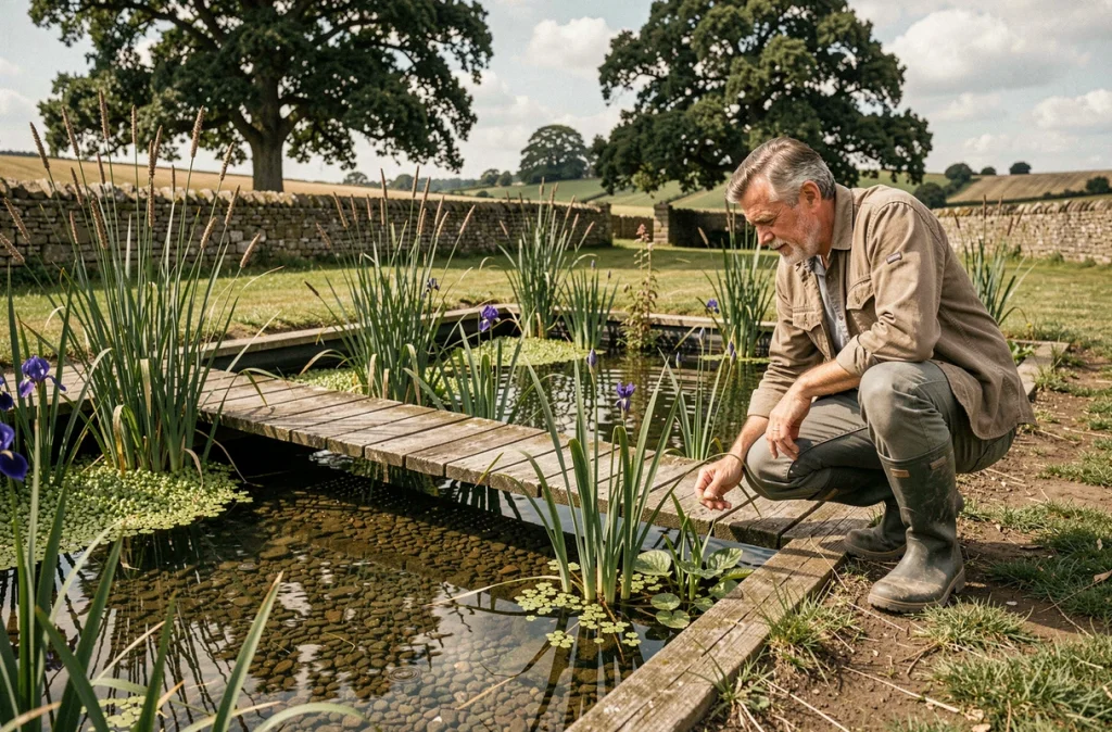 Homme inspectant la zone de filtration biologique d'une piscine naturelle dans un jardin rural entouré de végétation aquatique