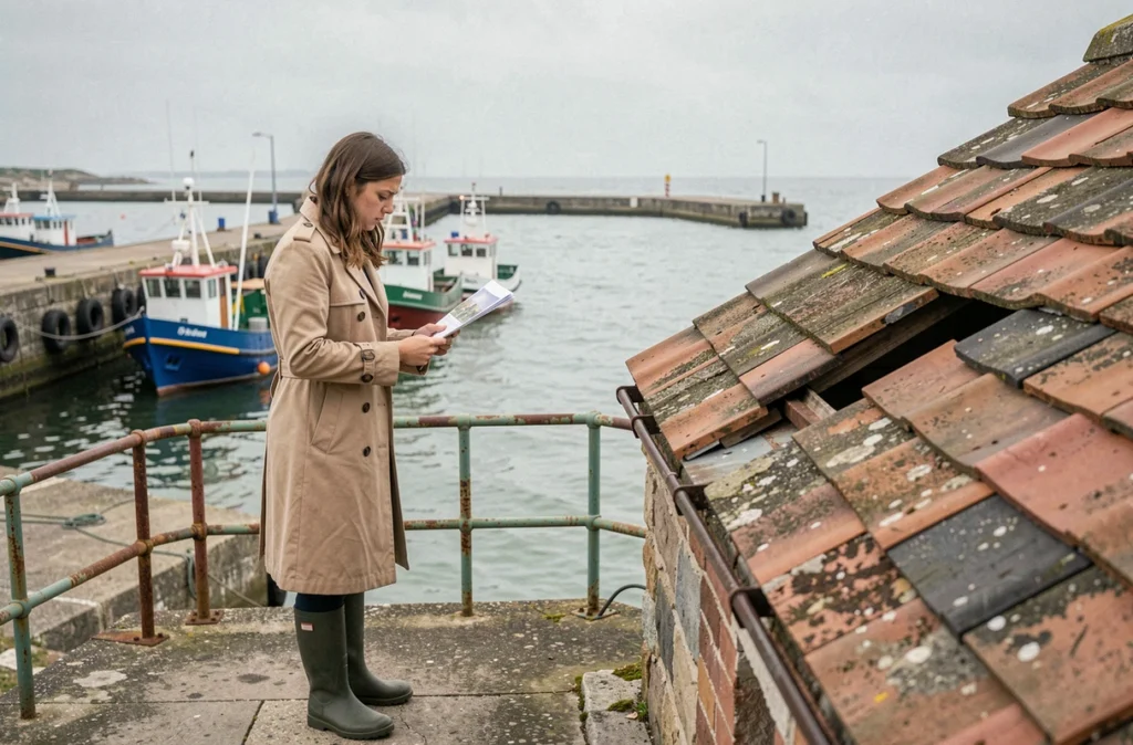 Femme étudiant des documents face à une maison de pêcheur avec une toiture endommagée en bord de port normand