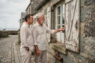 Couple d'acheteurs examinant les défauts d'une maison de pêcheur en pierre près d'un port breton