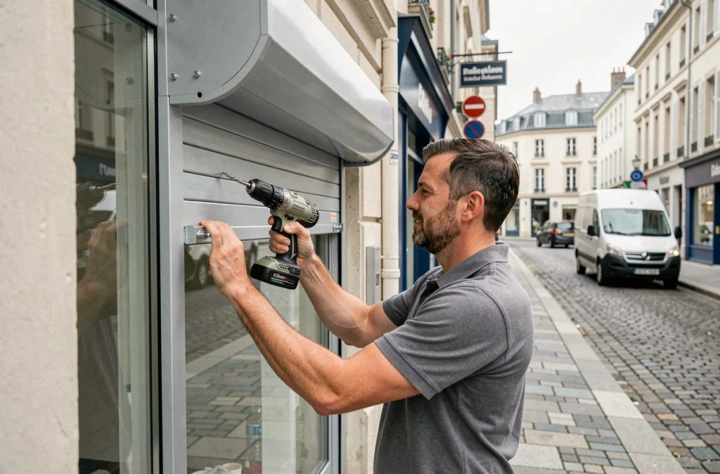 Technicien posant un volet roulant en aluminium sur une devanture commerciale pour Ads Ferreira