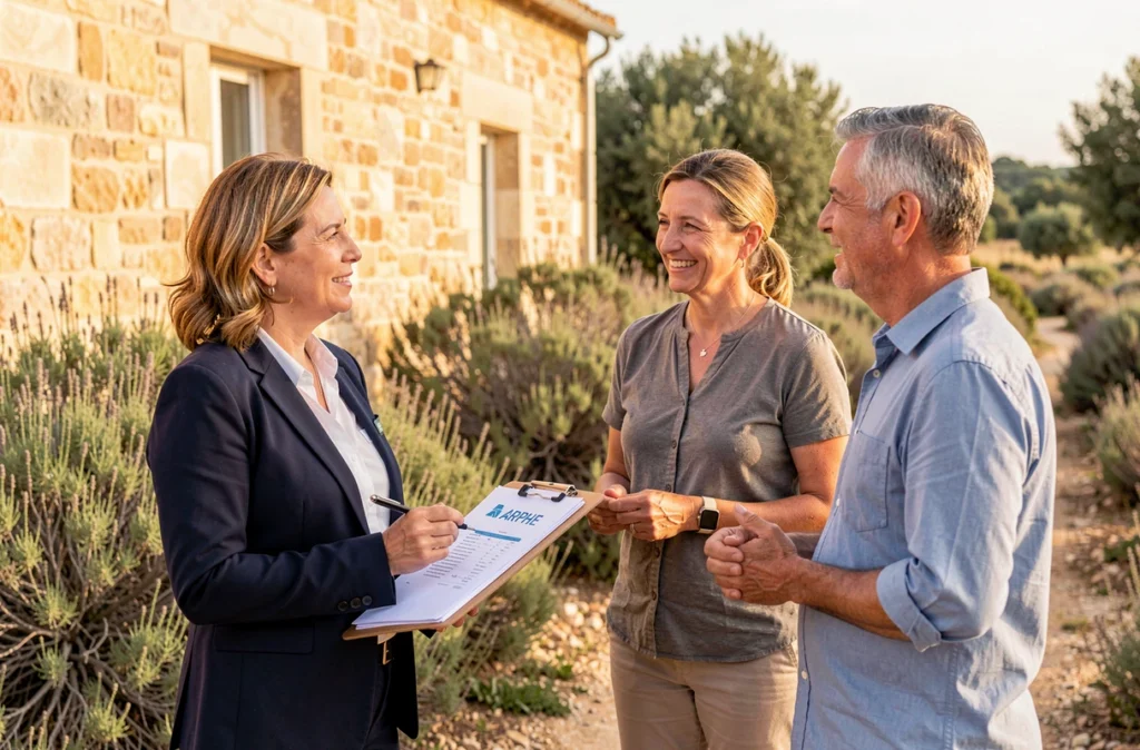 Conseillère ARPHE effectuant un audit énergétique auprès de propriétaires devant une maison en pierre dans l'Hérault