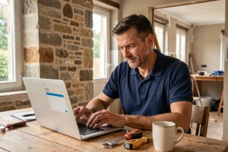 Artisan nantais remplissant un devis en ligne sur ordinateur portable depuis son chantier de rénovation