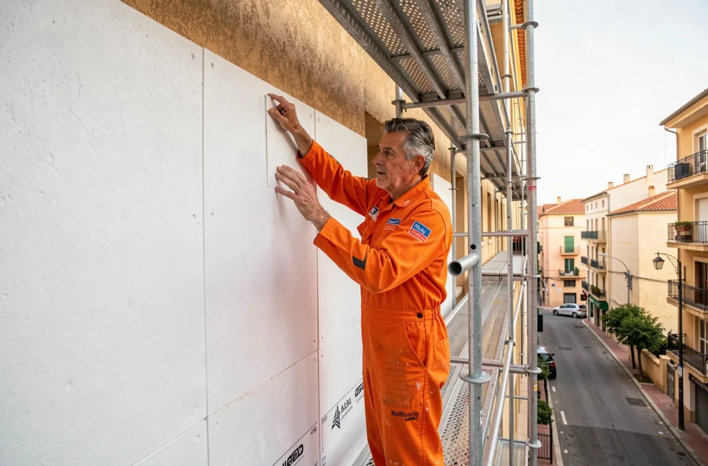 Technicien Bellisario appliquant un système d'isolation thermique par l'extérieur sur un immeuble résidentiel à Montpellier