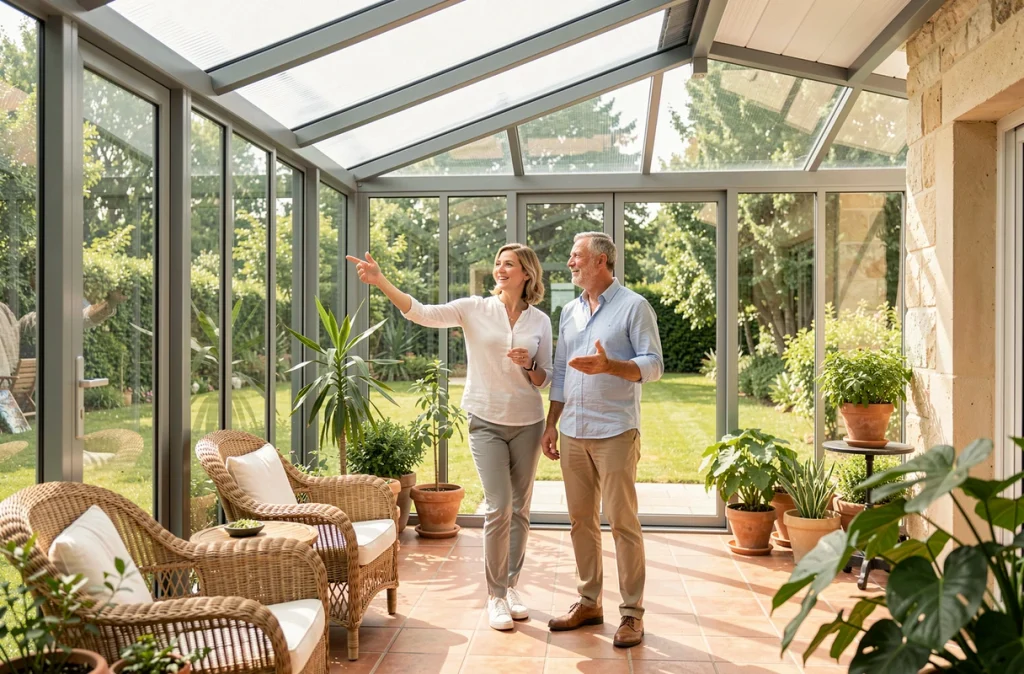 Couple de conseillers présentant une véranda aluminium adossée à une maison de campagne pour Bonheur et Vérandas