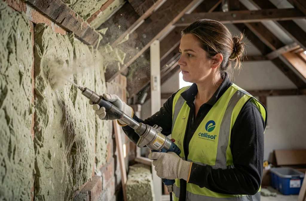 Technicienne Cellisol injectant de la ouate de cellulose dans les murs d'une maison en Occitanie