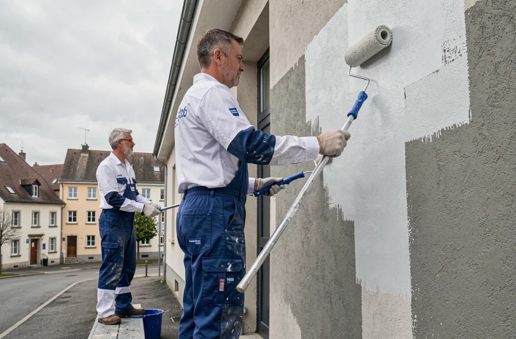 Deux peintres de Chamsi Peinture appliquant de la peinture sur la façade d'un bâtiment commercial dans le Grand Est