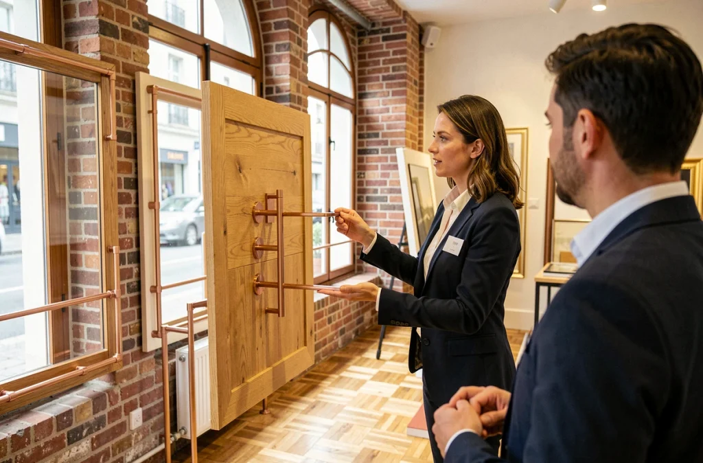 Conseillère présentant des échantillons de fenêtres en chêne et cuivre dans le showroom de Blois