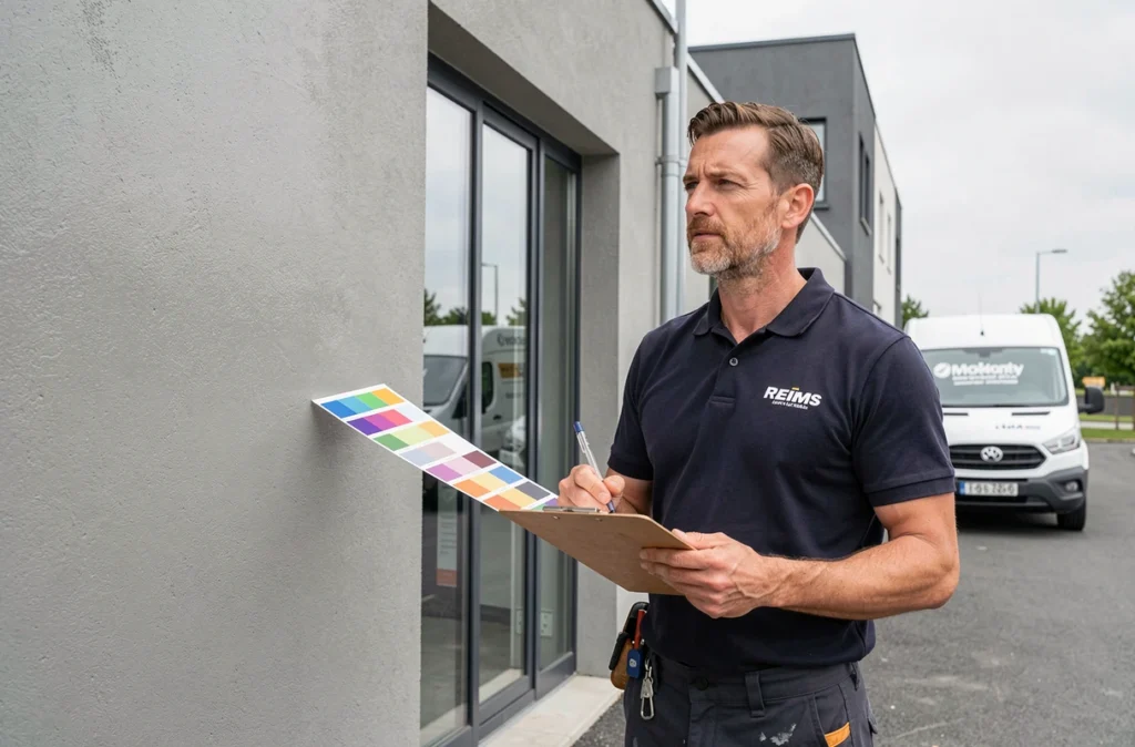 Chef d'entreprise de Chevalier Peinture inspectant la façade peinte d'un bâtiment commercial contemporain près de Reims
