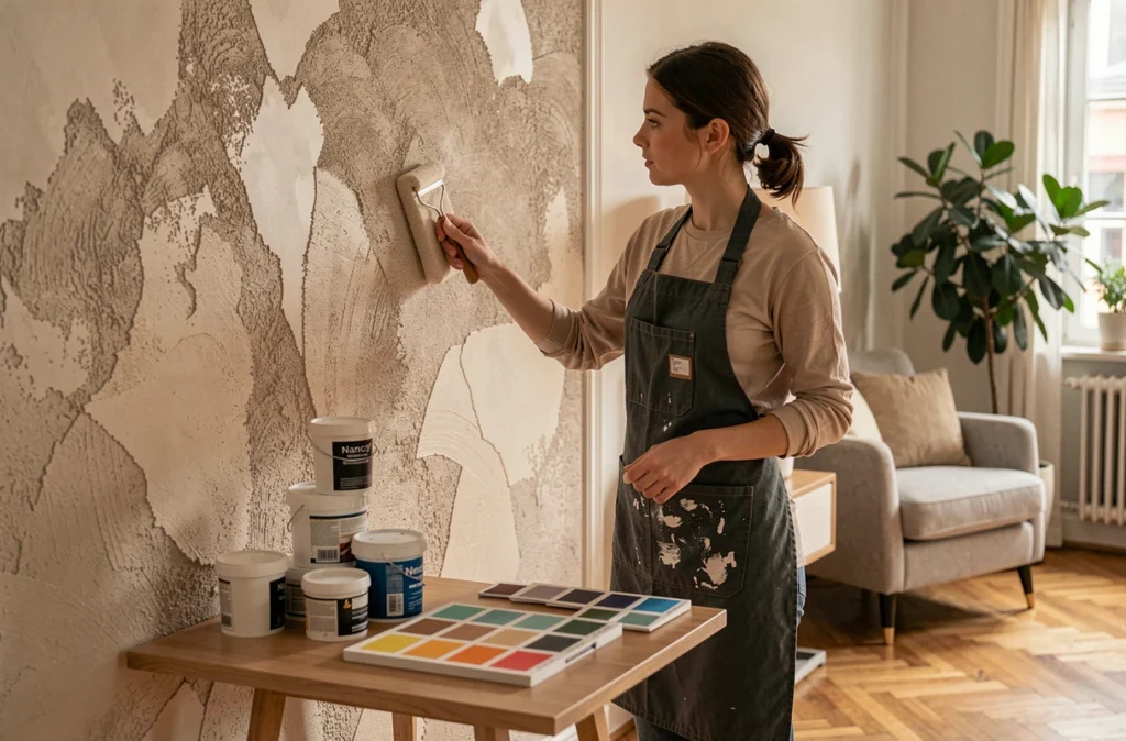 Peintre décorative de Color'i appliquant une finition texturée sur un mur de salon dans une maison près d'Essey-lès-Nancy