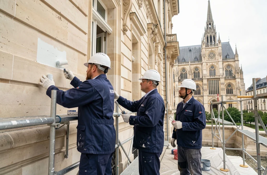 Équipe des Compagnons Peintres Champenois sur un échafaudage, peignant une façade en pierre de style champenois à Reims
