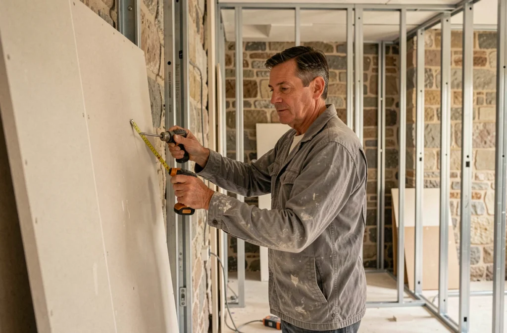 Artisan peintre-plaquiste Dominique Scharff posant des plaques de plâtre dans un appartement en rénovation à Metz