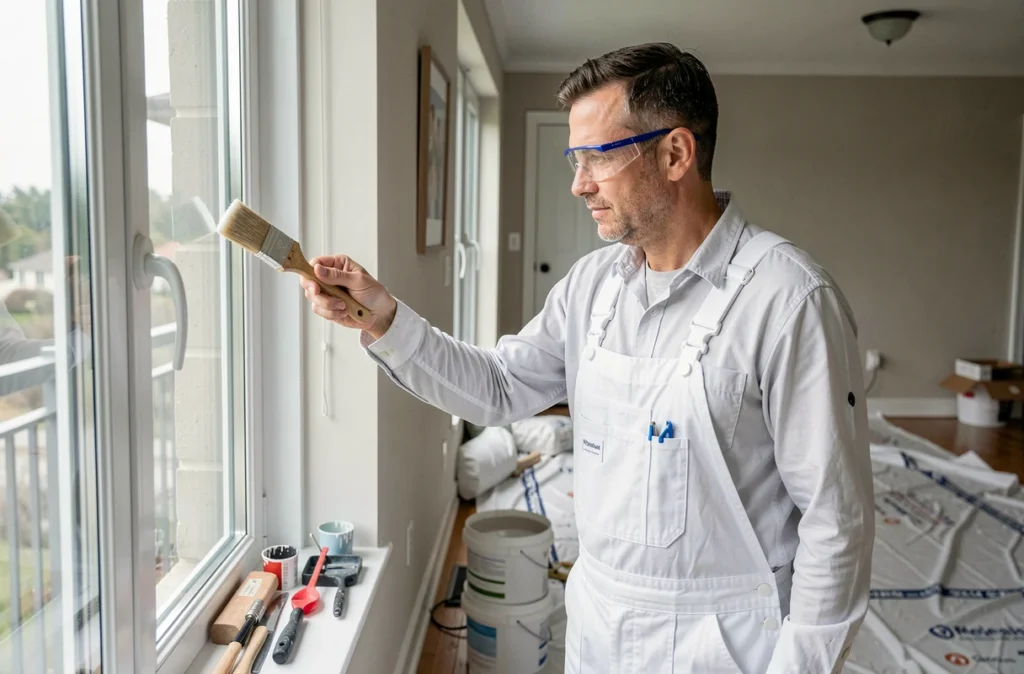 Peintre professionnel d'EA Peinture appliquant de la peinture sur un encadrement de fenêtre dans une maison en Moselle