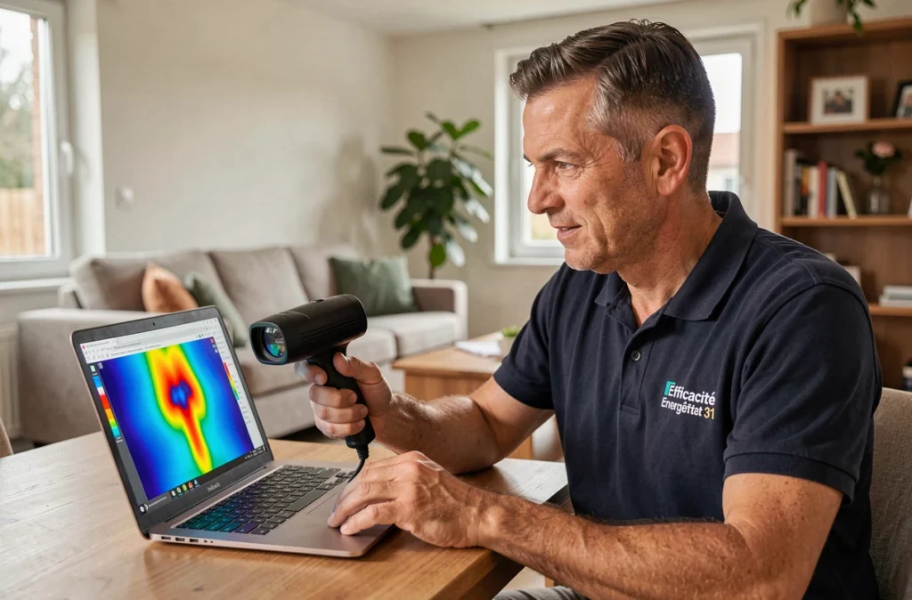Consultant d'Efficacité Énergétique de l'Habitat 31 analysant une caméra thermique dans un pavillon de Haute-Garonne