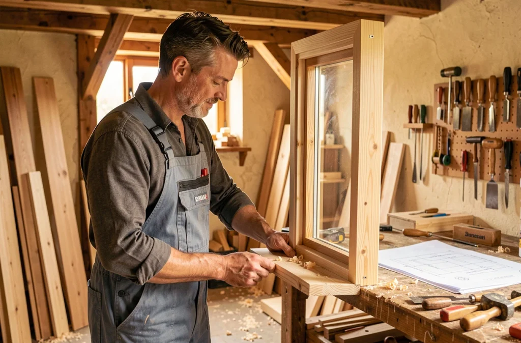 Artisan menuisier ajustant un cadre de fenêtre en bois dans l'atelier FP Menuiserie de Fabrice Potot
