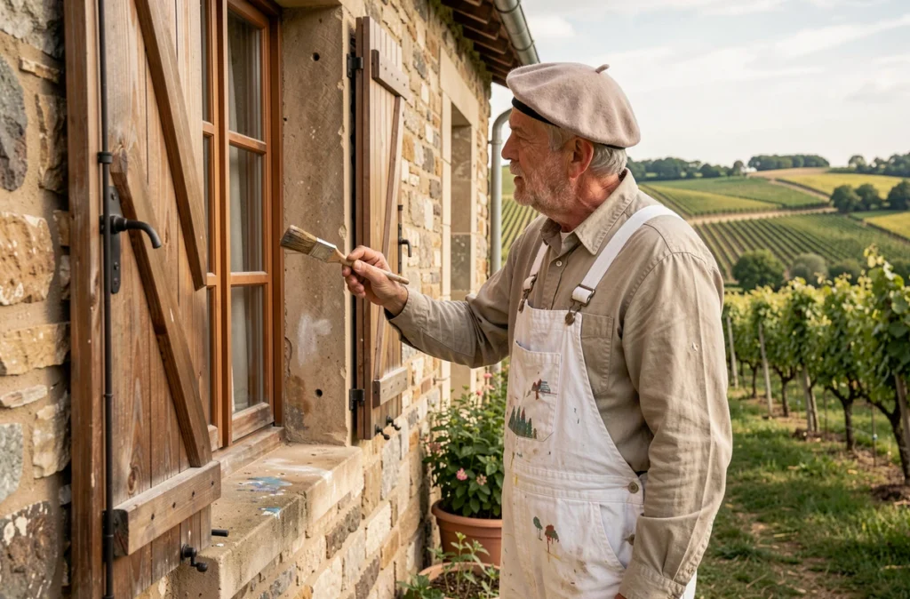 Peintre expérimenté d'Habitat et Traditions appliquant de la peinture sur les volets d'une ferme traditionnelle dans la Marne