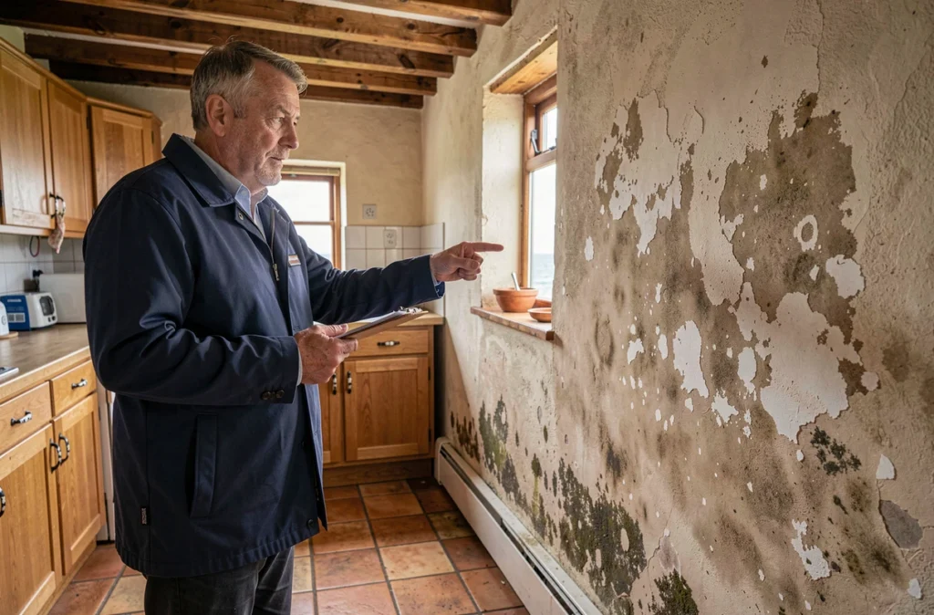 Agent immobilier inspectant une paroi humide dans une cuisine de maison de pêcheur au bord de mer