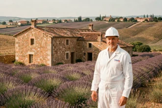 Technicien en isolation devant une maison en pierre typique de l'Occitanie avec des champs de lavande en arrière-plan