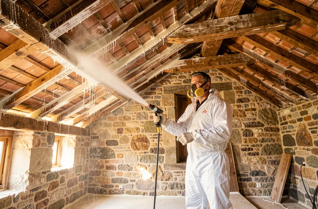 Technicien Isoprobat projetant de la mousse polyuréthane sous la charpente d'un grenier de ferme occitane