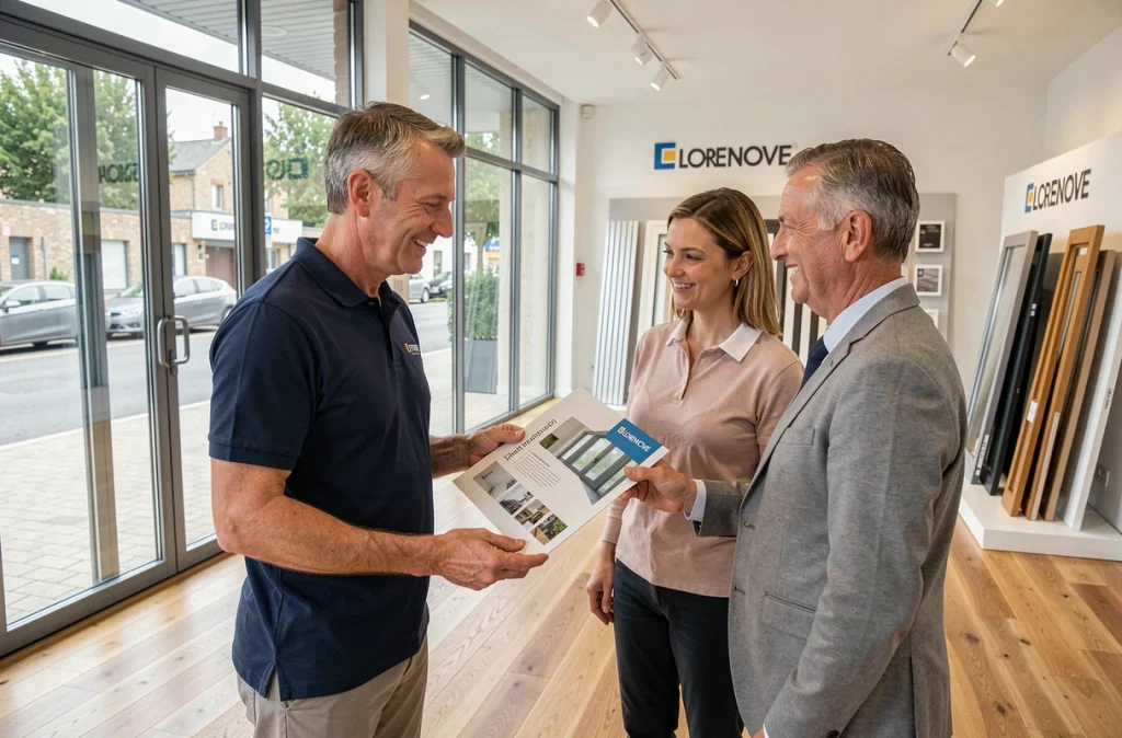 Conseiller Lorenove Tours présentant des systèmes de fenêtres et portes en aluminium à des clients dans le showroom