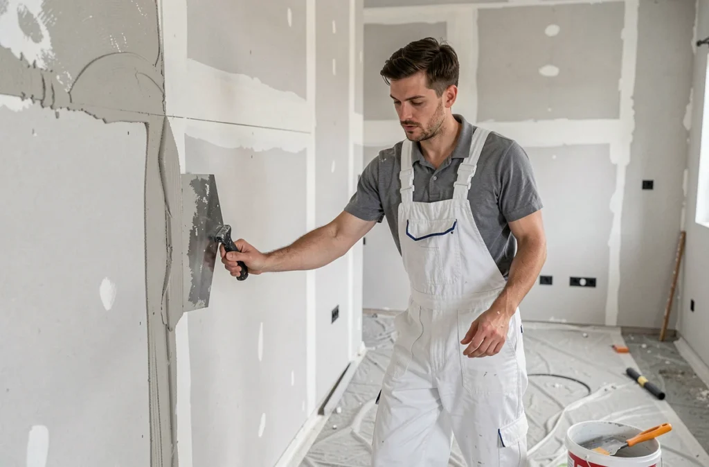 Peintre-plaquiste de LT Services lissant des joints de plaques de plâtre dans un chantier intérieur à Amnéville