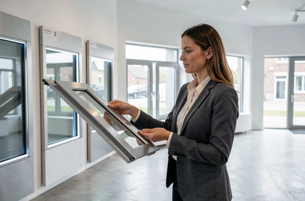 Conseillère O.K.N.A. présentant des profils de fenêtres en aluminium dans le showroom d'Orléans