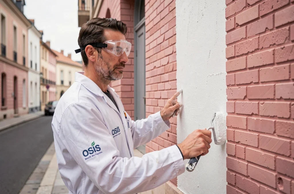 Spécialiste OSIS Beauté des Façades appliquant un enduit isolant décoratif sur une façade en brique rose à Toulouse