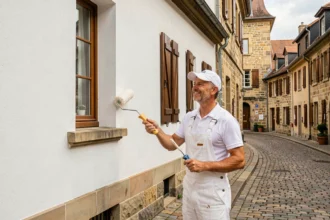Peintre en bâtiment professionnel devant une façade rénovée dans le Grand Est, tenant un rouleau à peinture