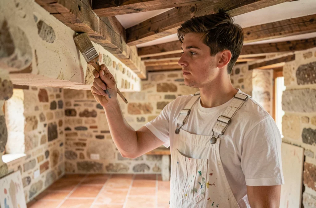 Jeune peintre artisan Petit Benjamin réalisant une découpe soignée au plafond dans une propriété rurale rénovée dans la Marne