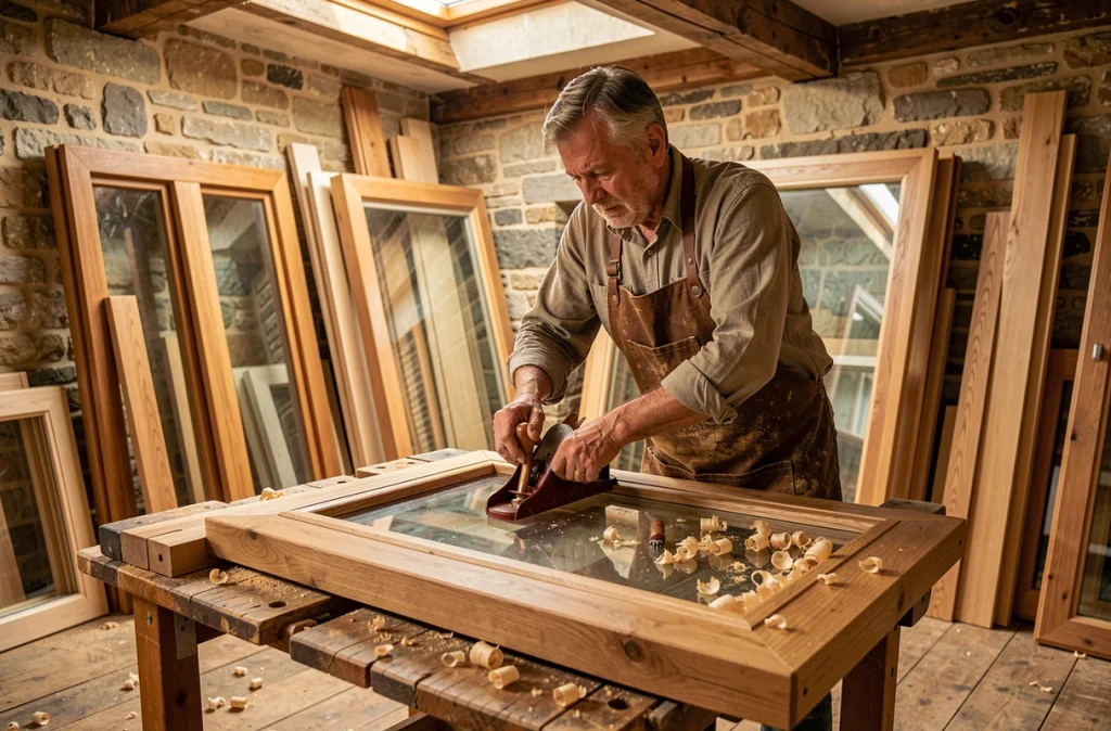 Artisan de Pitois Menuiserie raboter un cadre de fenêtre en chêne massif dans son atelier de Chartres