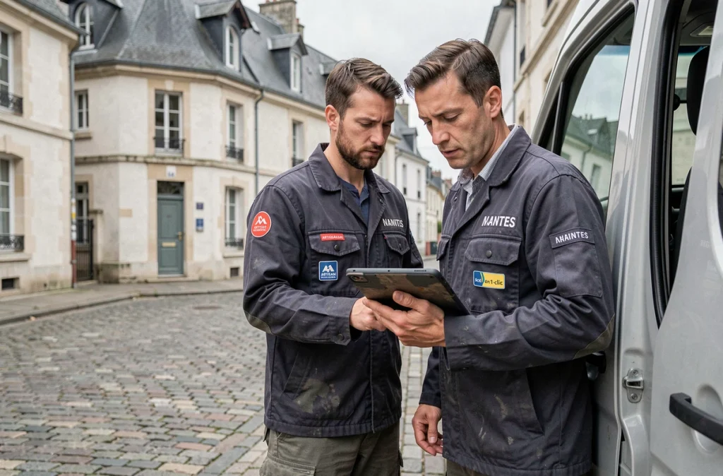 Plombier nantais consultant la plateforme de devis en ligne depuis son camion devant une maison de ville