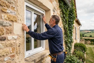 Poseur de fenêtres installant un cadre en PVC dans une maison en tuffeau de la région Centre-Val de Loire