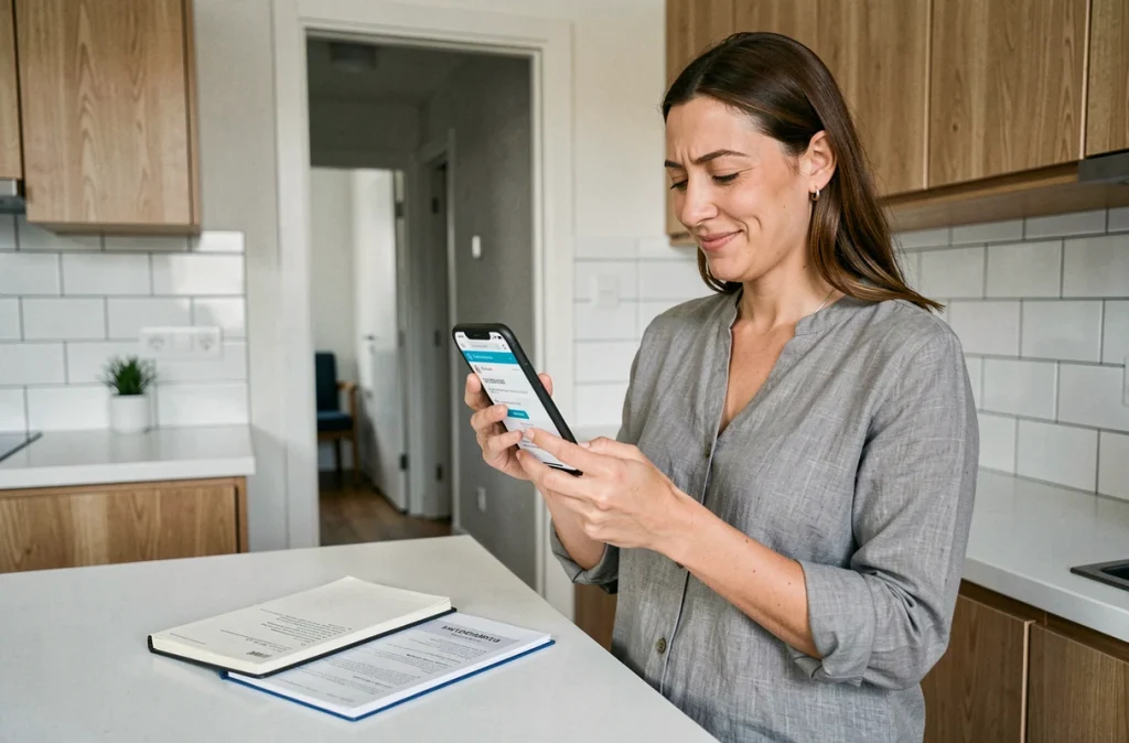 Propriétaire nantaise comparant des devis d'artisans en ligne depuis son appartement moderne