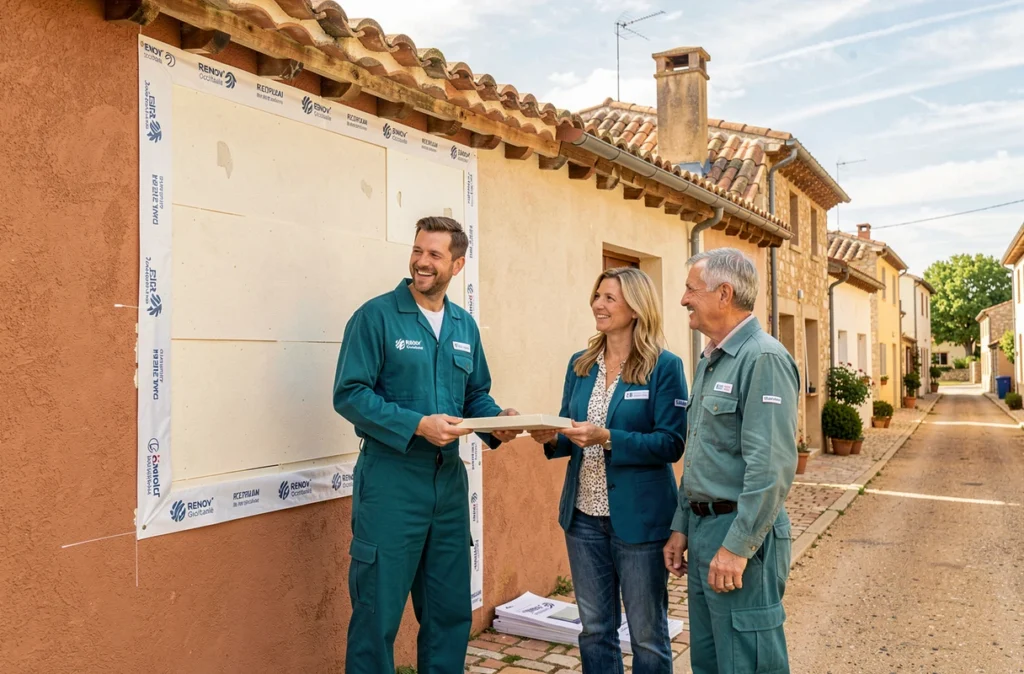 Équipe Renov' Global' Occitanie présentant un chantier d'isolation extérieure achevé à des propriétaires devant leur maison rénovée